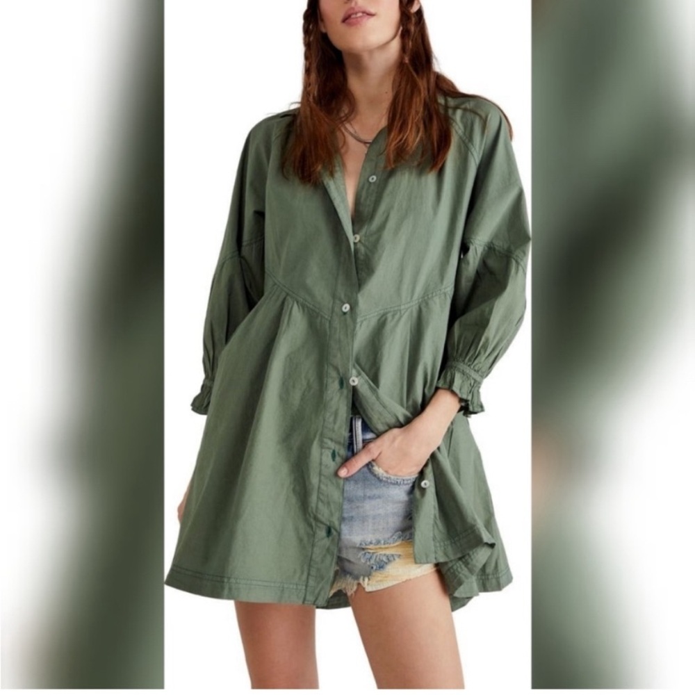 Free People Hannah Poplin Dress Army green tunic beach cover shirtdress shirt